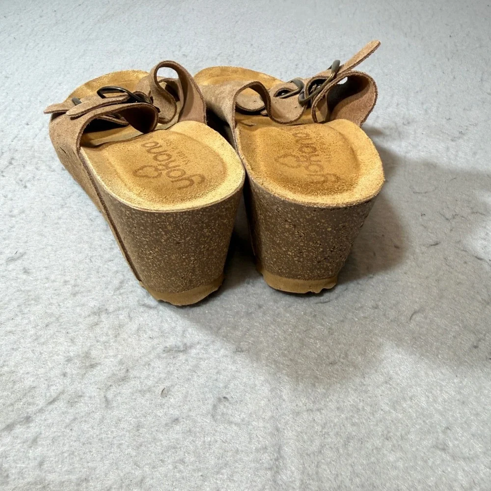Yokono Wedge Sandals Women 7.5 Tan Brown Leather Two Strap Buckle Made In Spain